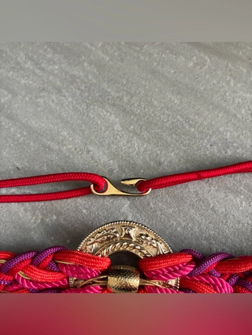 Vintage 80s Statement Boho Red Purple Pink Braided Waist Belt Gold Medallion‎